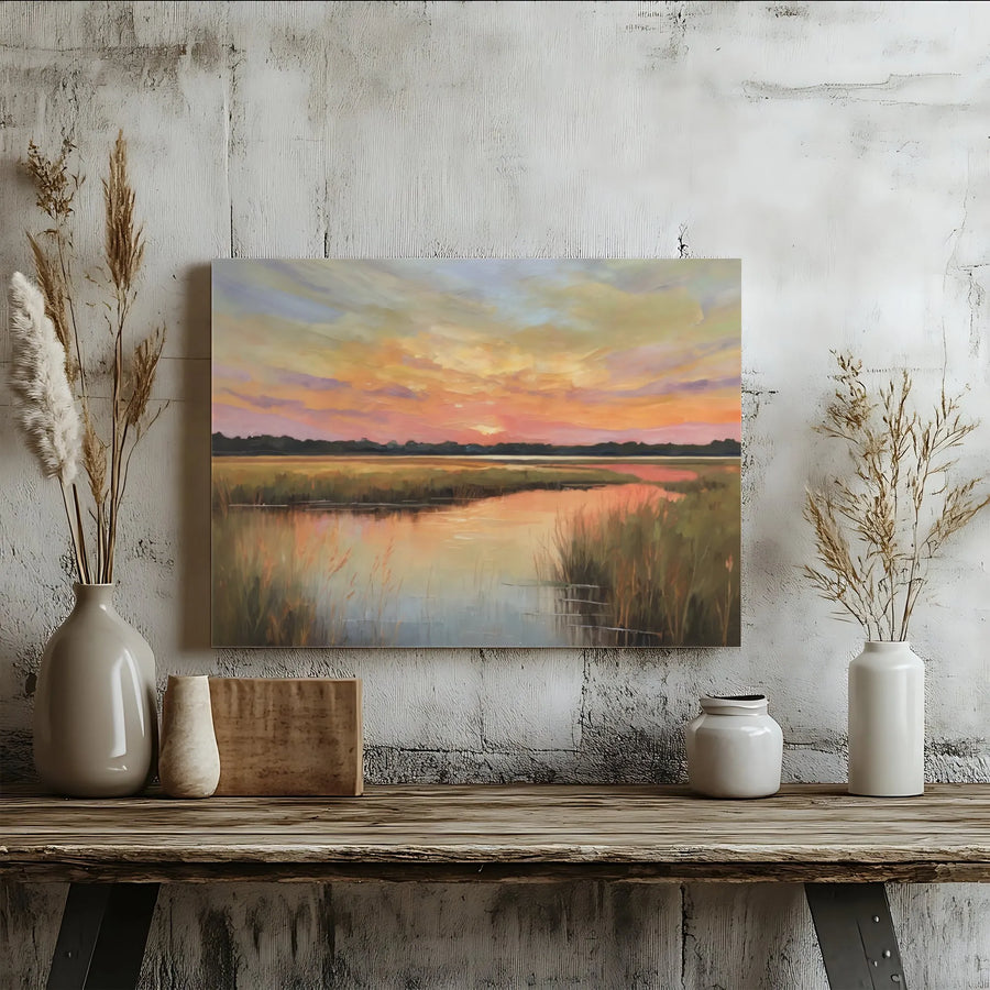 Sunset Marsh Canvas Wall Art | Impressionist Coastal Landscape Painting | Premium Gallery Wrapped Canvas | Serene Nature Art for Living Room Decor