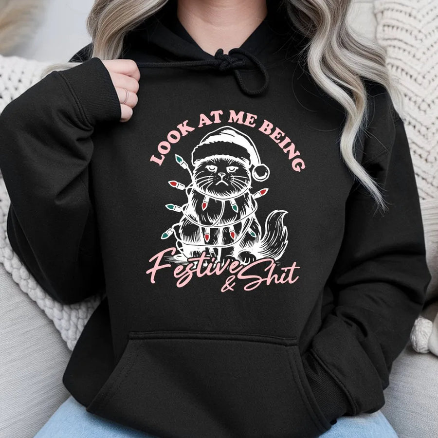 Funny Christmas Cat Hoodie | Festive Grumpy Kitten Graphic | Soft Cotton-Blend Premium Apparel | Sarcastic Holiday Gift for Cat Lovers