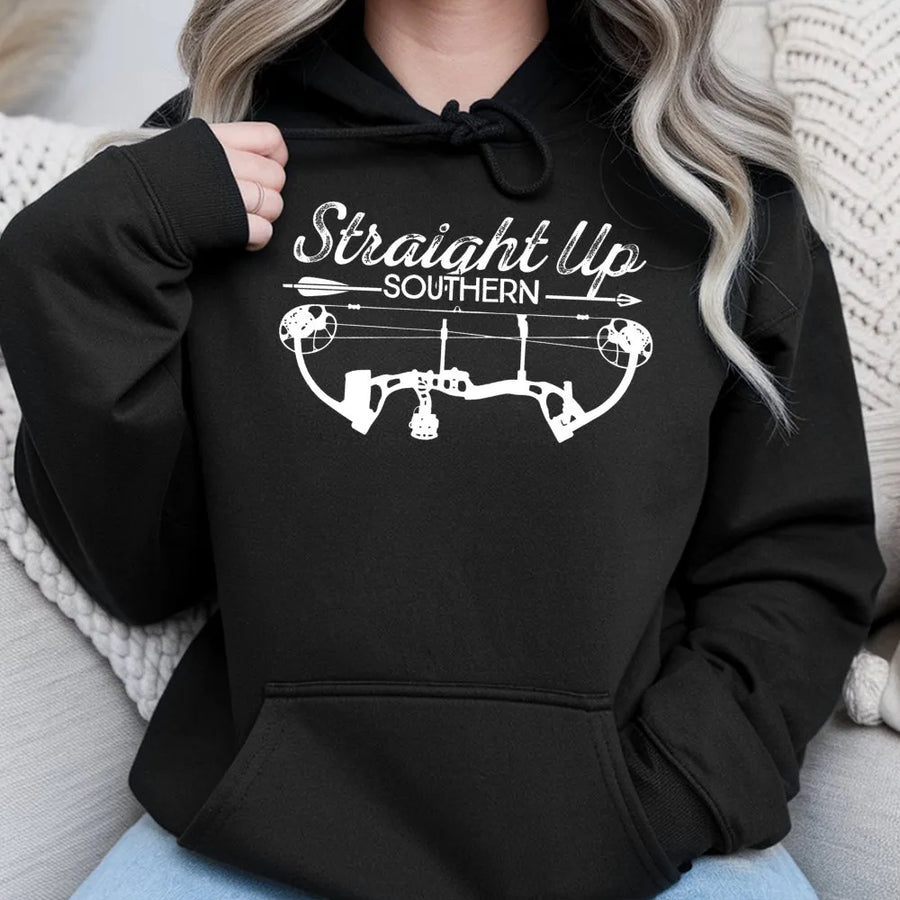 Straight Up Southern Archery Hoodie | Bow Hunting Compound Bow Graphic | Premium Cotton Blend | Gift For Bow Hunters And Outdoor Lovers