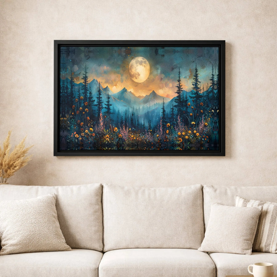 Mountain Forest Wall Art | Moonlit Wildflower Landscape | Gallery-Wrapped Canvas Print | Nature Home Decor Gift