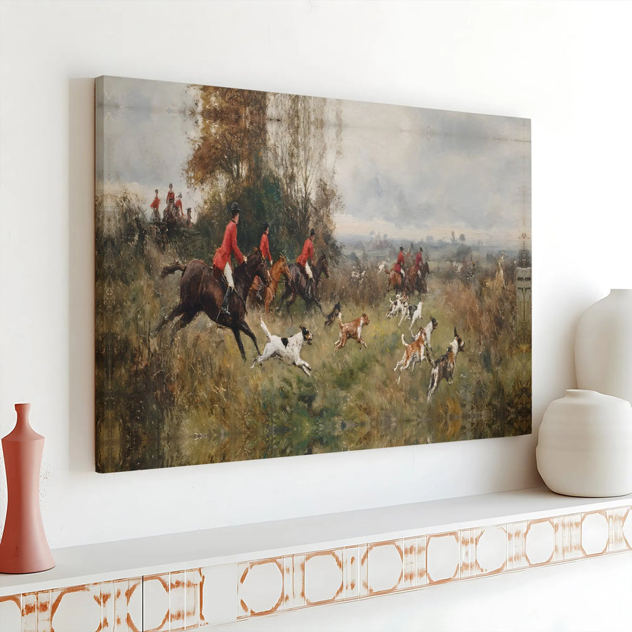 English Fox Hunt Canvas Print | Vintage Equestrian Countryside Painting | Premium Gallery Wrapped Canvas | Traditional Home Decor Gift