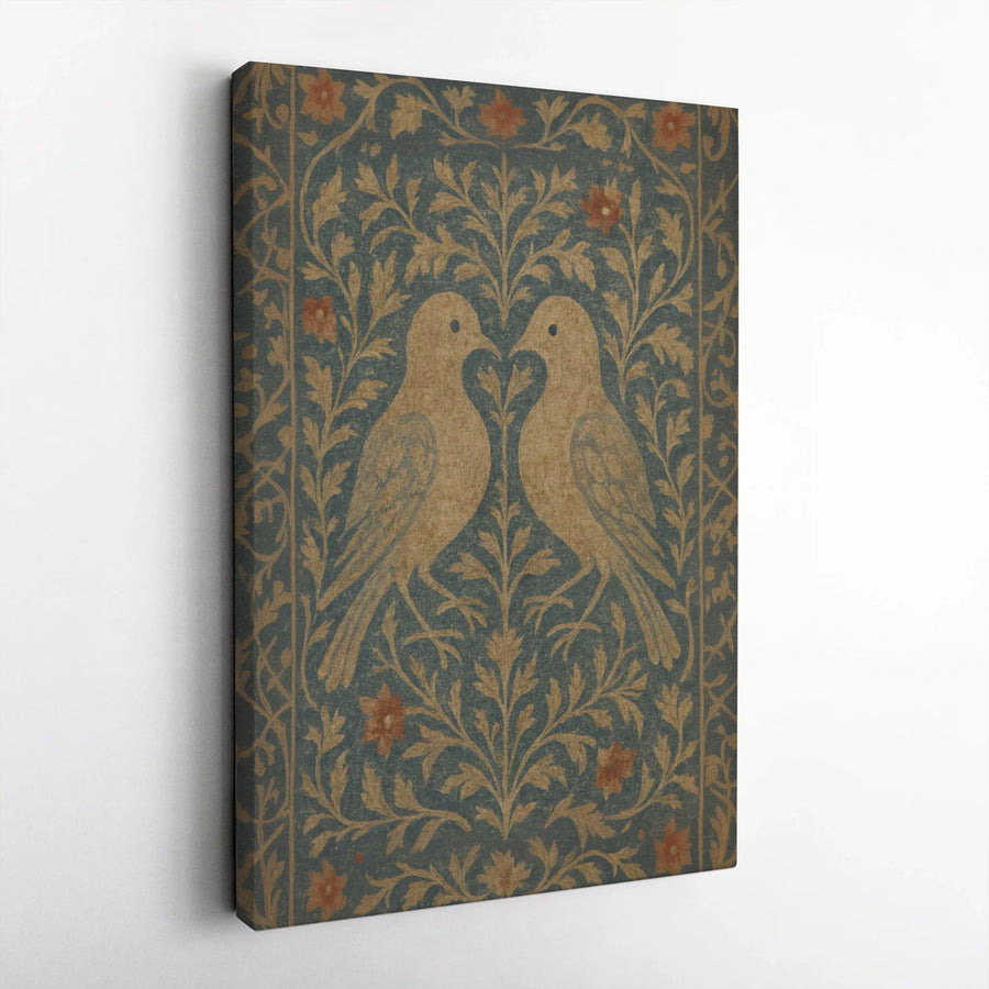 Vintage Bird Canvas Wall Art | Symmetrical Floral Vine Nature Print | Premium Fade-Resistant Gallery Wrap | Home Office Decor Gift Idea