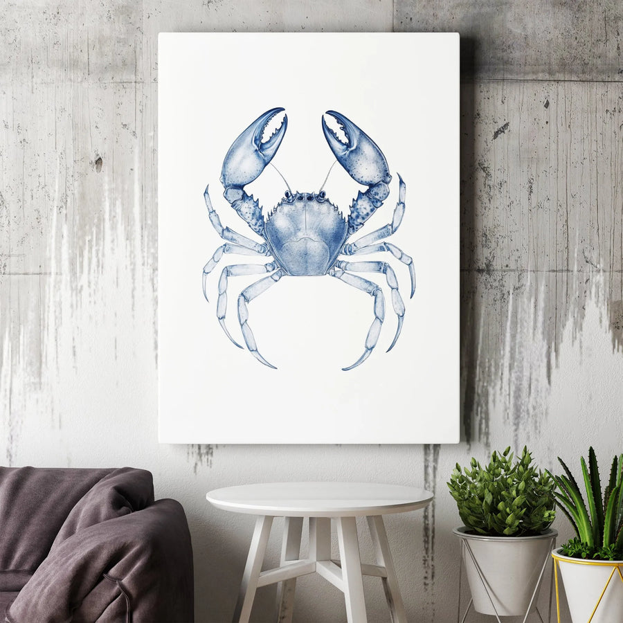 Blue Crab Nautical Canvas Wall Art | Coastal Navy Sketch Illustration | Premium Gallery-Wrapped Print | Elegant Beach House Decor Gift