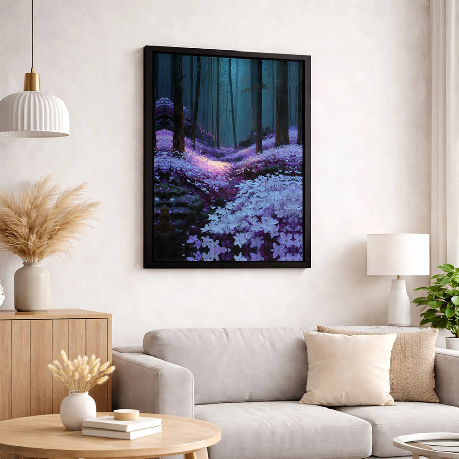 Enchanted Forest Canvas Wall Art | Glowing Purple Floral Path | 1.25-Inch Gallery Wrap Print | Whimsical Nature Decor For Home Or Office