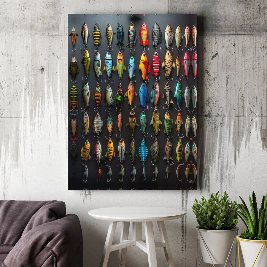 Fishing Lures Canvas Wall Art | Colorful Tackle Box Collection Print | Premium Gallery Wrapped Canvas | Collector's Gift for Fisherman, Man Cave Decor