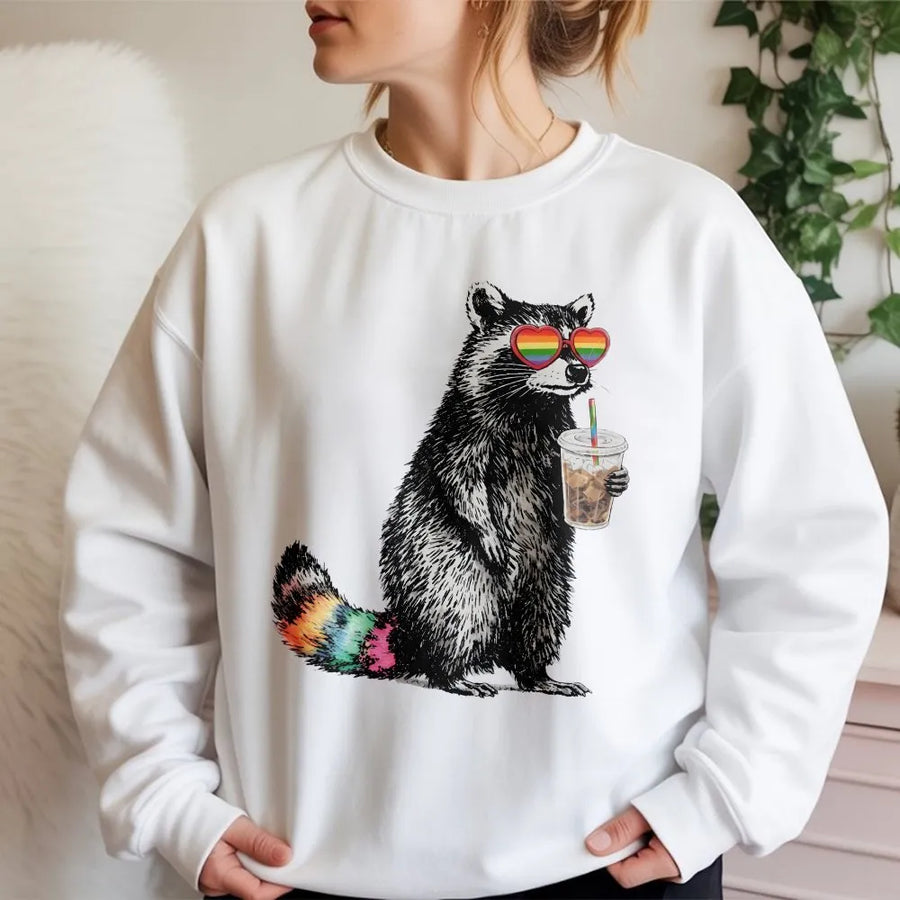 Funny Raccoon Pride Sweatshirt | Rainbow Glasses & Iced Coffee Graphic | Premium Cotton Blend | LGBTQ Pride Month Gift