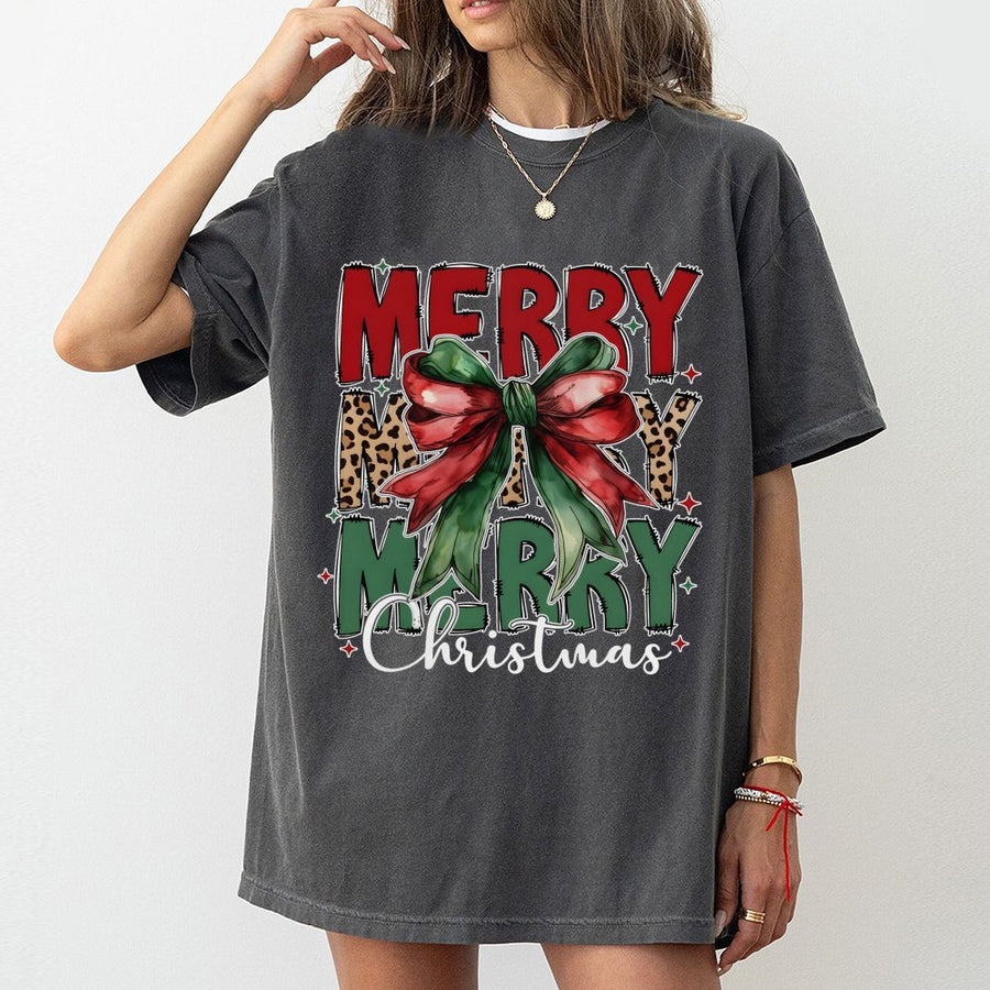 Merry Christmas T-Shirt | Coquette Bow Leopard Print Graphic | Premium Soft Cotton Tee | Trendy Holiday Gift For Women And Men