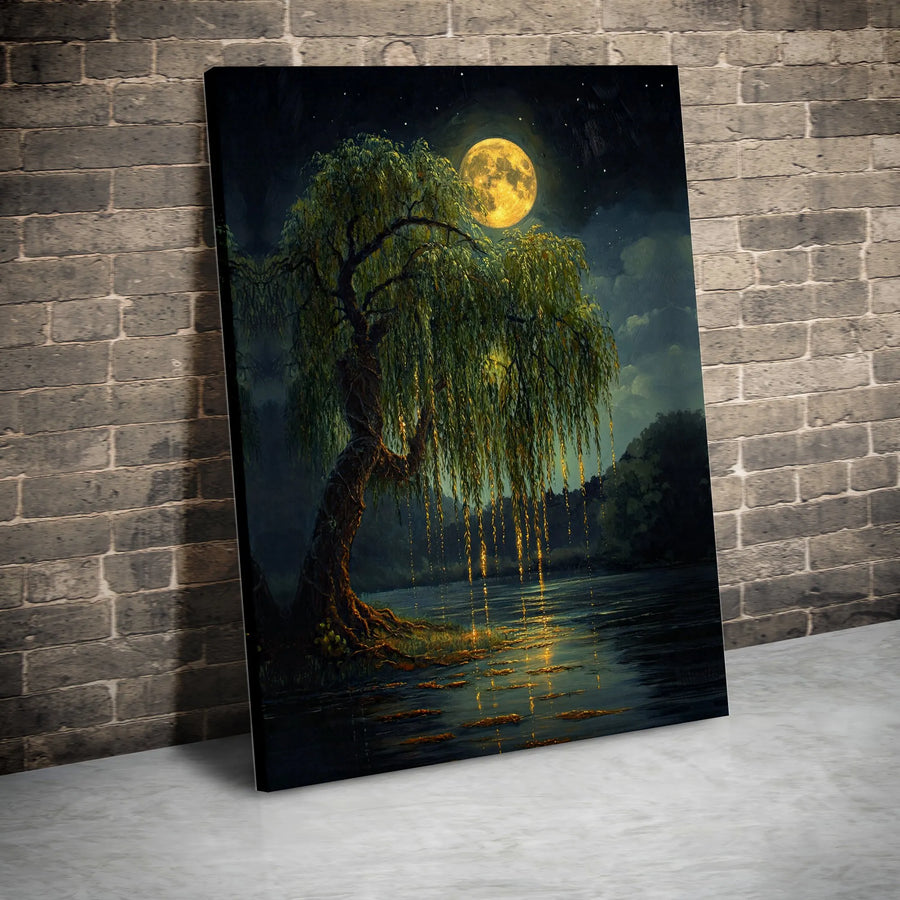 Weeping Willow Canvas Wall Art | Moonlight Forest Lake Landscape | Premium Gallery Wrapped Decor | Enchanted Nature Print for Home Office