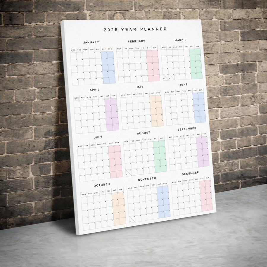 2026 Wall Calendar Planner | Pastel Minimalist Year At A Glance | Premium Gallery-Wrap Canvas | Modern Home Office Decor Gift