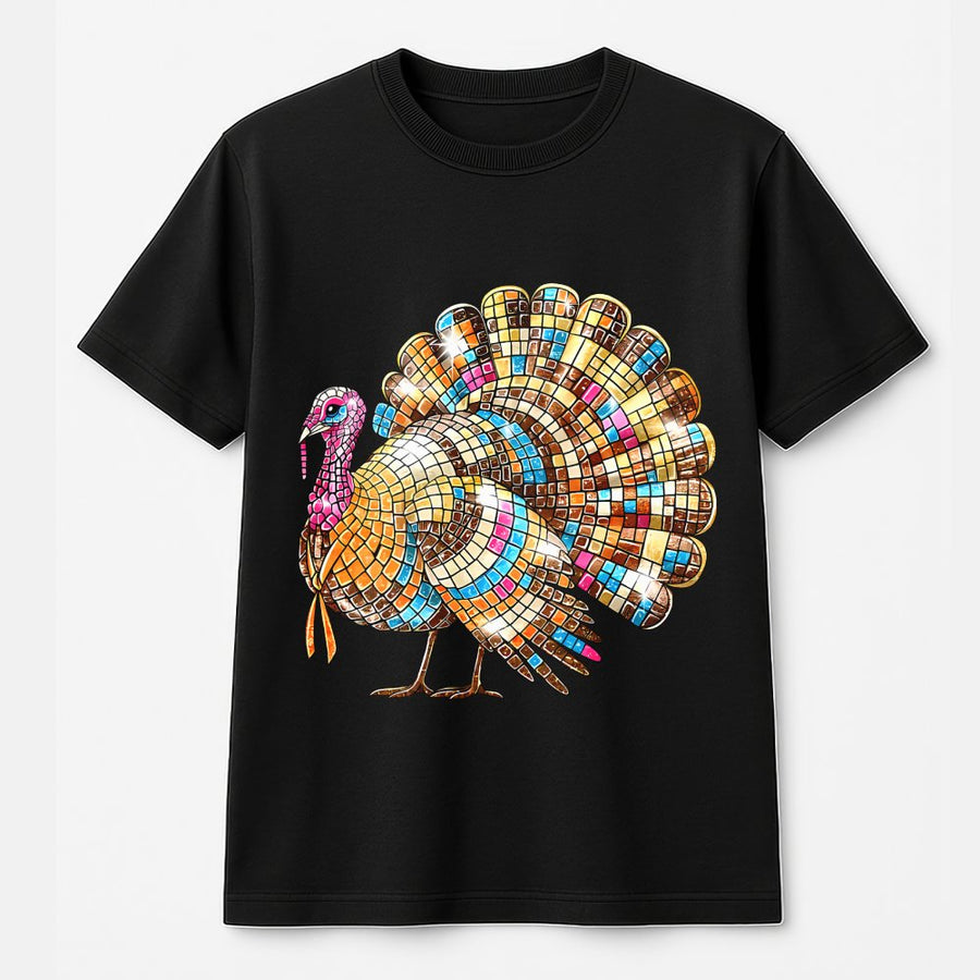 Disco Ball Turkey T-Shirt | Mosaic Pattern Thanksgiving Graphic | Premium 100% Cotton Tee | Trendy Fall Holiday Gift for Women