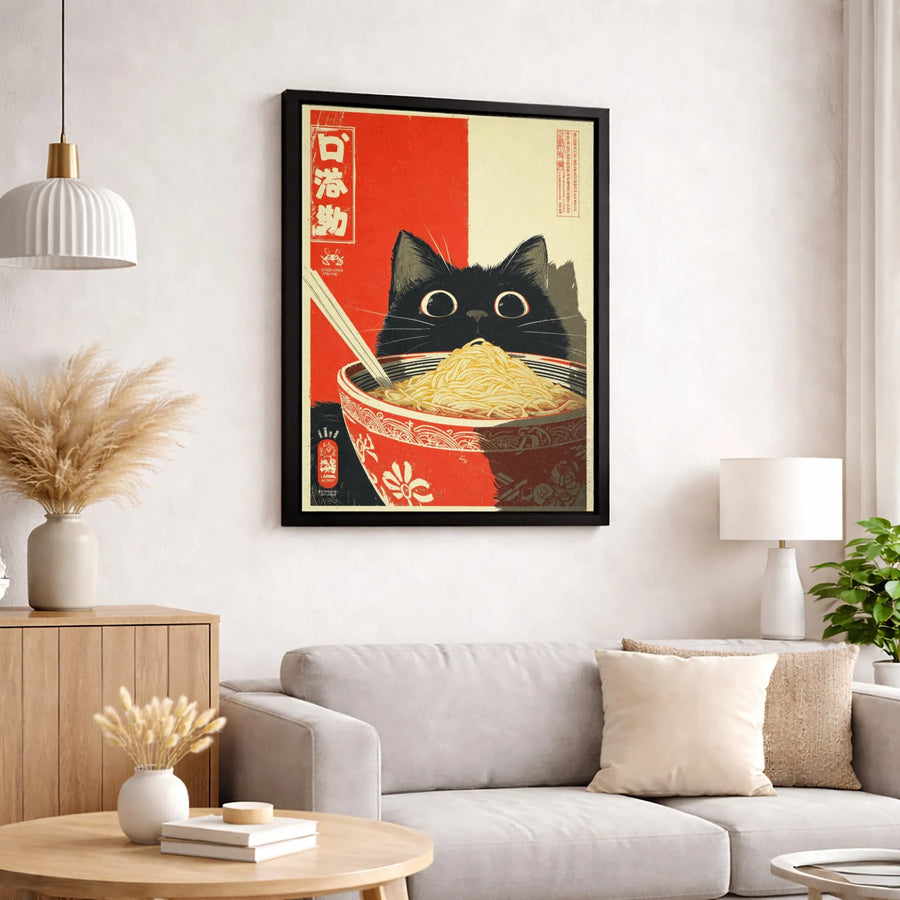 Black Cat Ramen Canvas Art | Vintage Japanese Poster Wall Decor | Premium 1.25-inch Gallery Wrapped Print | Cute Kitchen Gift for Cat Lovers