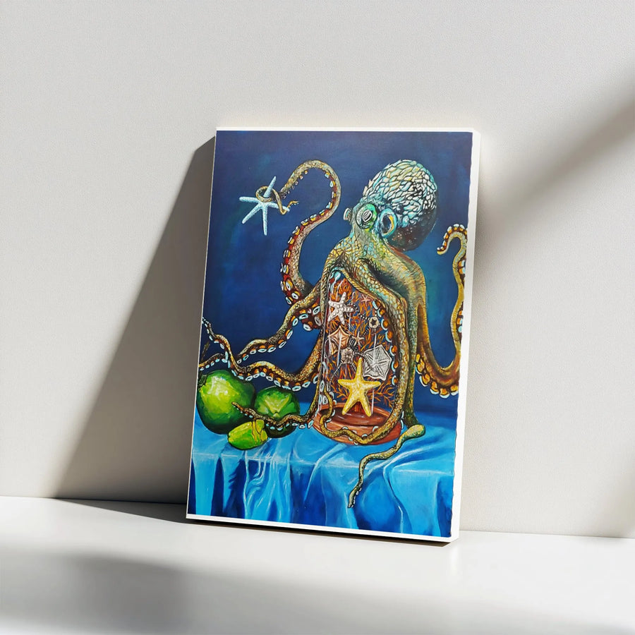 Octopus Wall Art Vertical Canvas | Surreal Kraken Painting with Starfish Jar | Premium Gallery Wrapped Print | Coastal Living Room Decor Gift