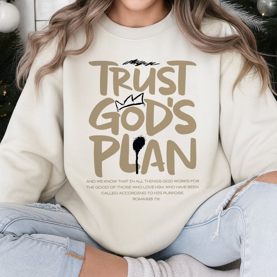 Trust God's Plan Sweatshirt | Romans 8:28 Christian Bible Verse Print | Premium Cotton Blend | Faith Based Gift For Men And Women