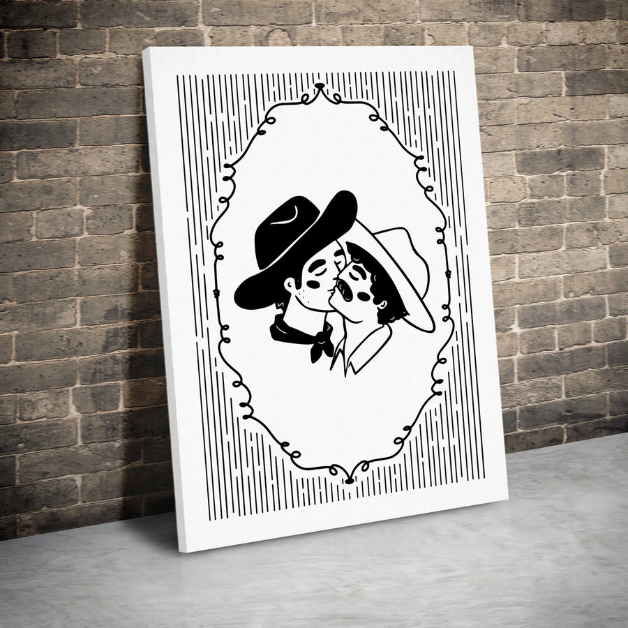 Kissing Cowboy Wall Art | Minimalist Western Romance Illustration | Premium Gallery Wrapped Canvas | Gift for Couples & Ranch Decor Lovers