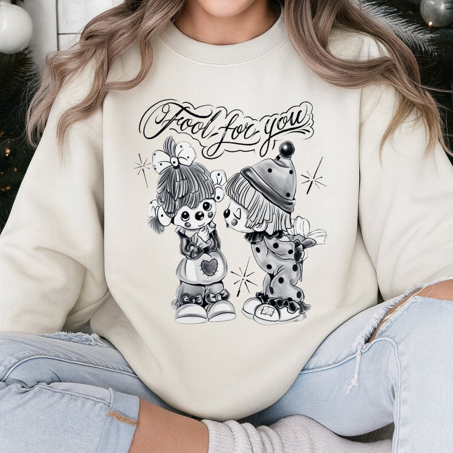 Fool For You Sweatshirt | Chicano Style Clown Graphic | Premium Cotton Blend Crewneck | Unisex Streetwear Gift for Couples