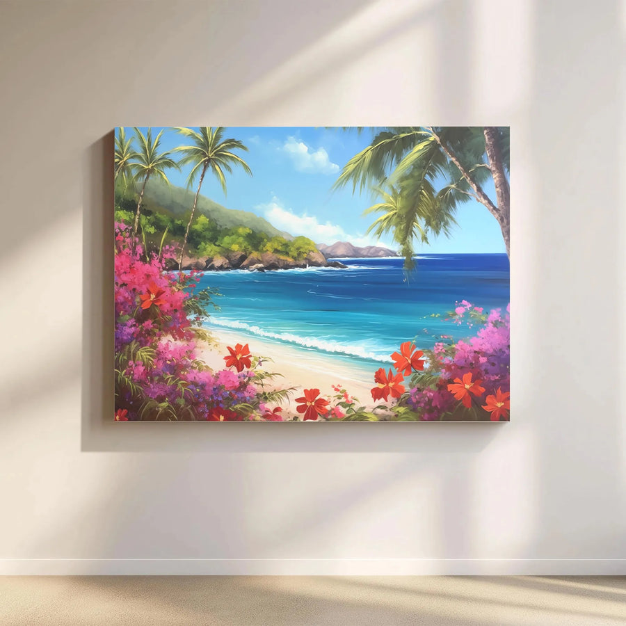 Tropical Beach Canvas Wall Art | Vibrant Coastal Scene Painting with Palm Trees | Gallery Wrapped 1.25" Deep Print | Premium Beach House Decor