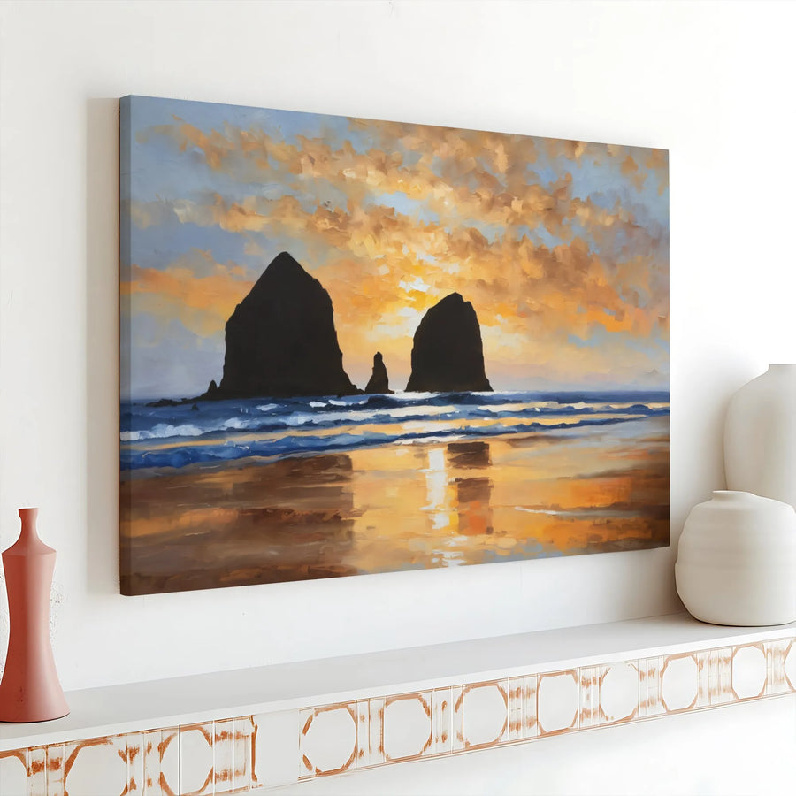 Cannon Beach Canvas Wall Art | Oregon Coast Sunset Painting Print | Gallery Wrapped Premium Canvas | Pacific Northwest Coastal Home Decor Gift