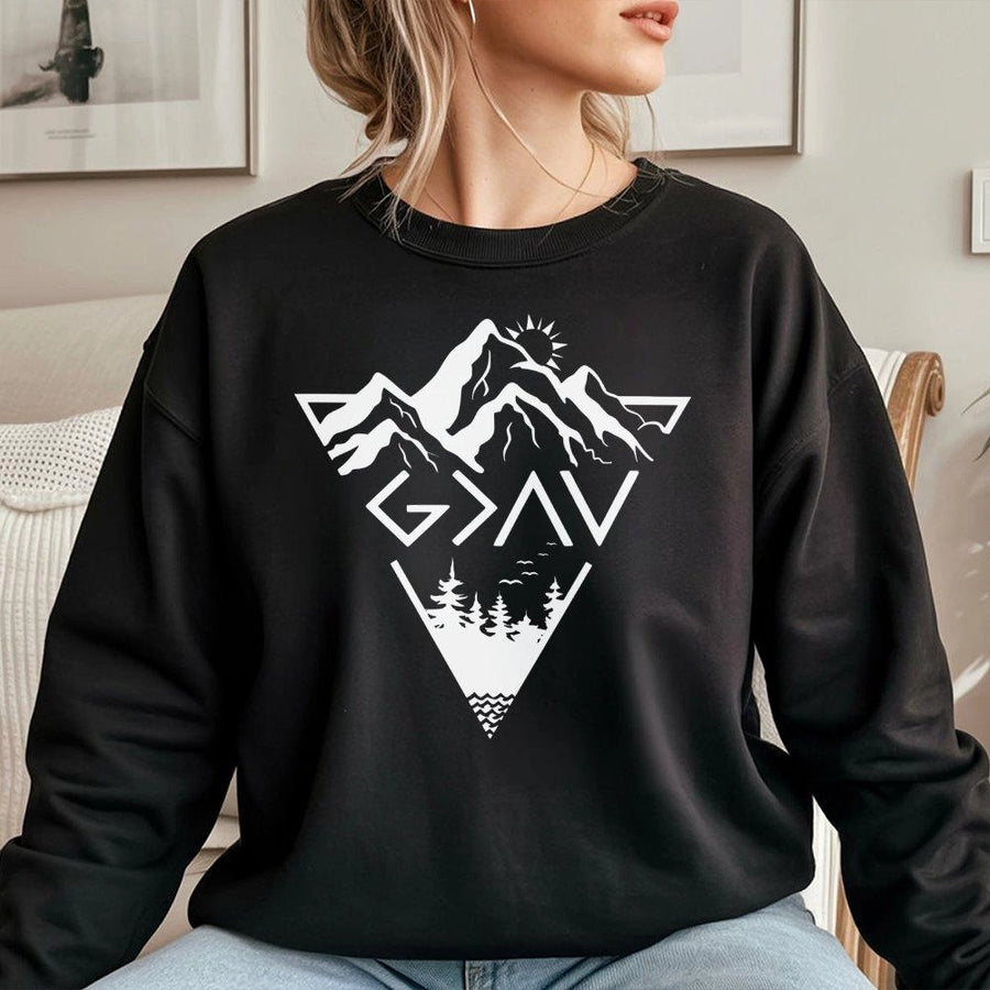 God Is Greater Than The Highs And Lows Sweatshirt | Faith Mountain Graphic Design | Soft Cotton-Poly Blend | Religious Christian Gift For Men Women