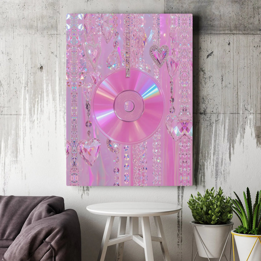 Pink CD Wall Art | Y2K Aesthetic Hanging Crystal Hearts | Premium Gallery-Wrap Canvas | Aesthetic Room Decor for Bedroom