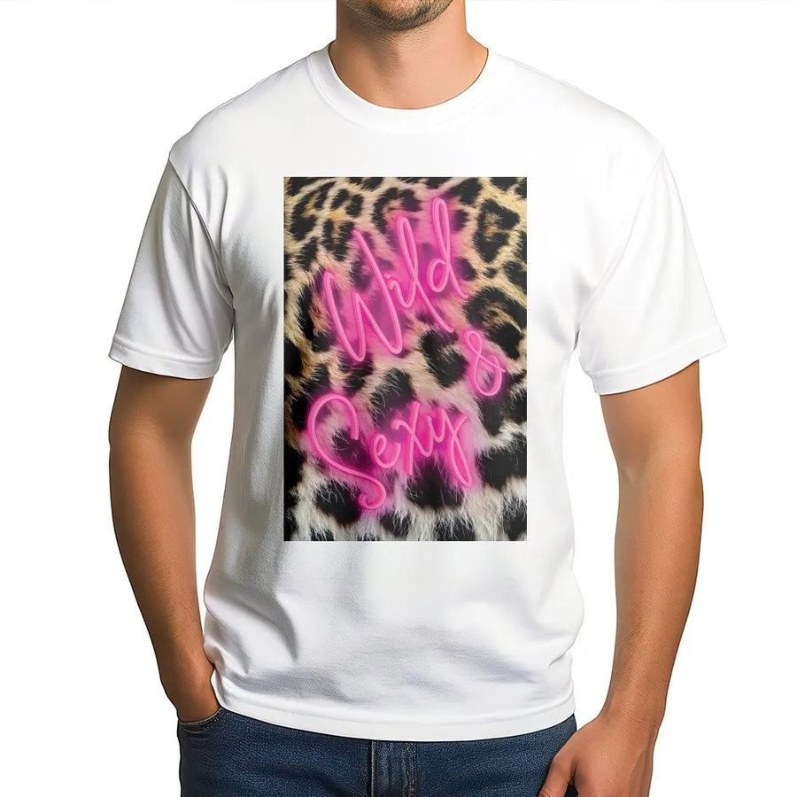 Wild and Sexy Leopard Print T-Shirt | Neon Pink Script Graphic | Premium Cotton Aesthetic Tee | Trendy Preppy Gift for Her