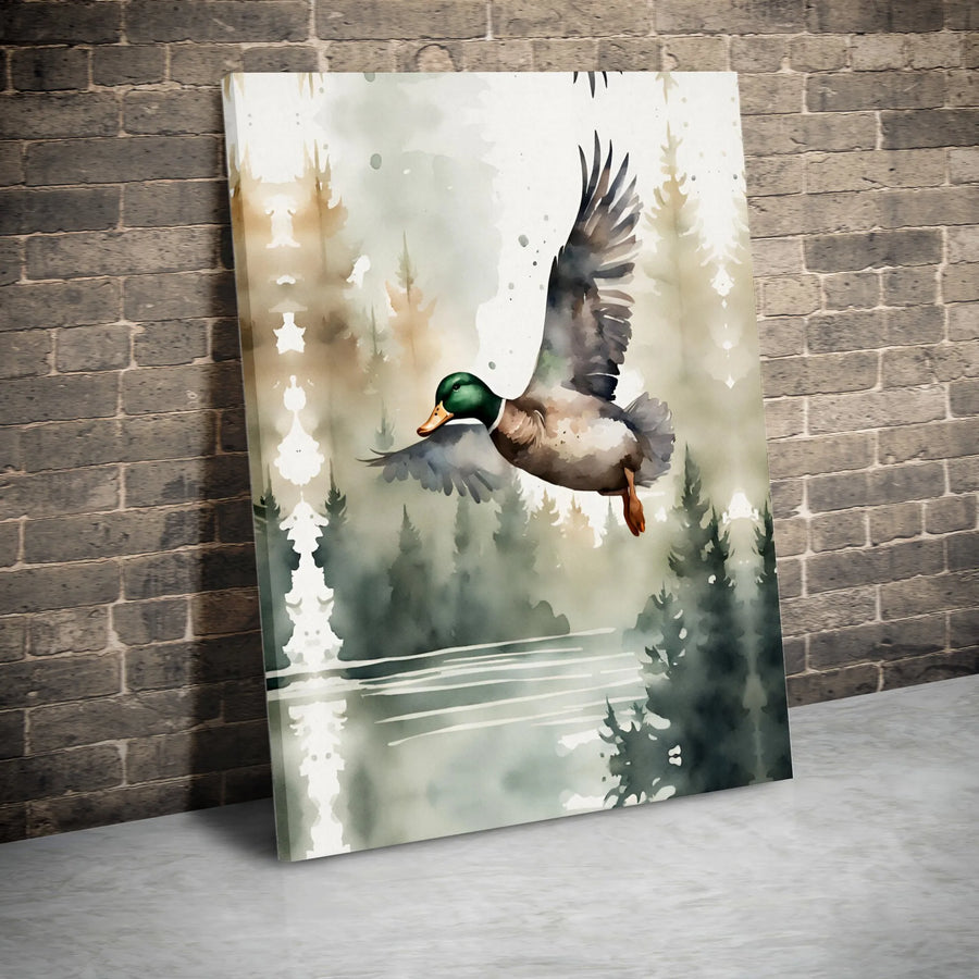 Mallard Duck Canvas Wall Art | Watercolor Flying Duck Print | Premium Gallery Wrapped Canvas | Rustic Cabin Decor Gift for Hunter