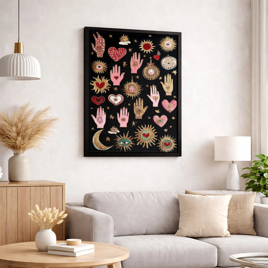 Mystical Hamsa Hand Canvas Wall Art | Celestial Evil Eye & Sun Pattern Decor | Premium Gallery-Wrapped Print | Bohemian Witchy Spiritual Home Gift