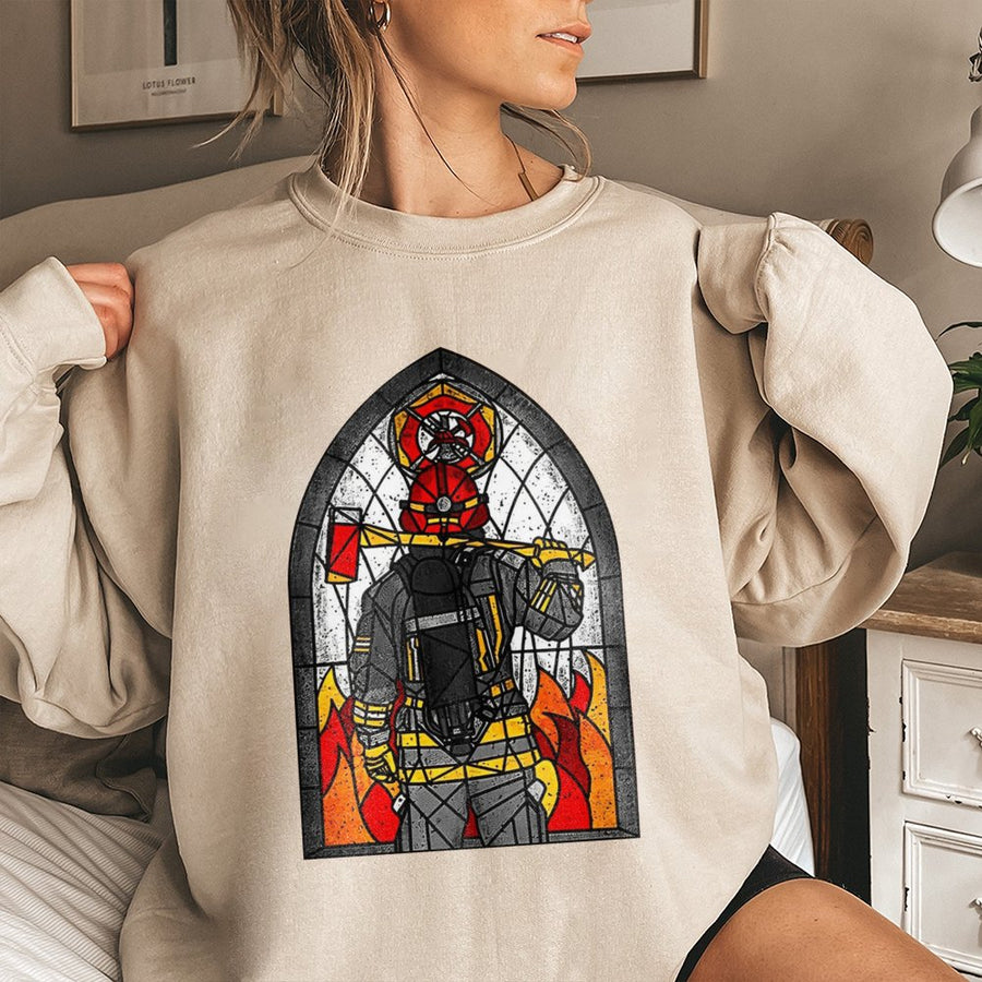 Firefighter Stained Glass Sweatshirt | Heroic First Responder Graphic | Premium Cotton Blend Crewneck | Meaningful Gift for Fireman or Firefighter