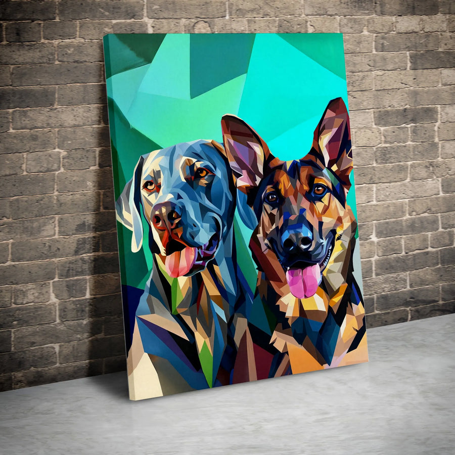 Geometric Dog Canvas Art | Weimaraner And German Shepherd Portrait | Premium Fade-Resistant Gallery Wrap | Modern Pet Wall Decor Gift