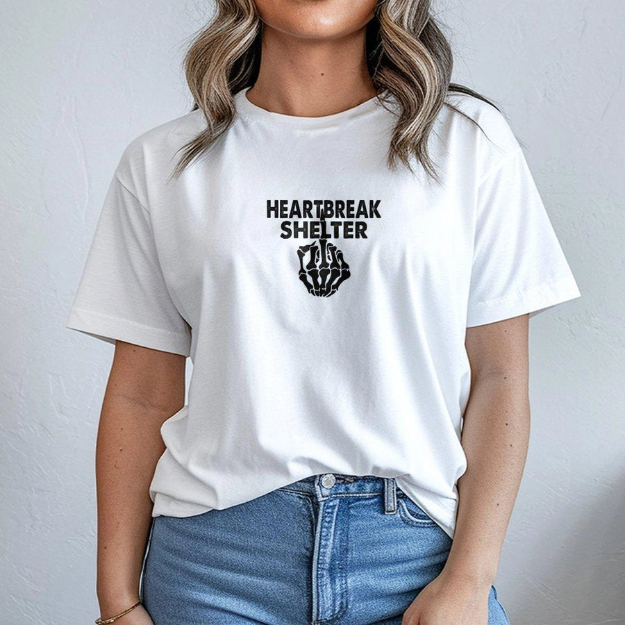 Heartbreak Shelter Graphic T-Shirt | Skeleton Hand Middle Finger Design | 100% Cotton Premium Tee | Edgy Y2K Streetwear Gift For Men And Women