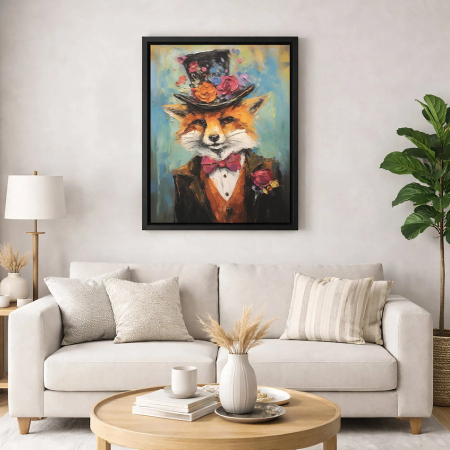 Dapper Fox Canvas Wall Art | Whimsical Animal Portrait in Floral Top Hat | Premium Gallery-Wrapped Print | Unique Home Decor Gift for Animal Lovers