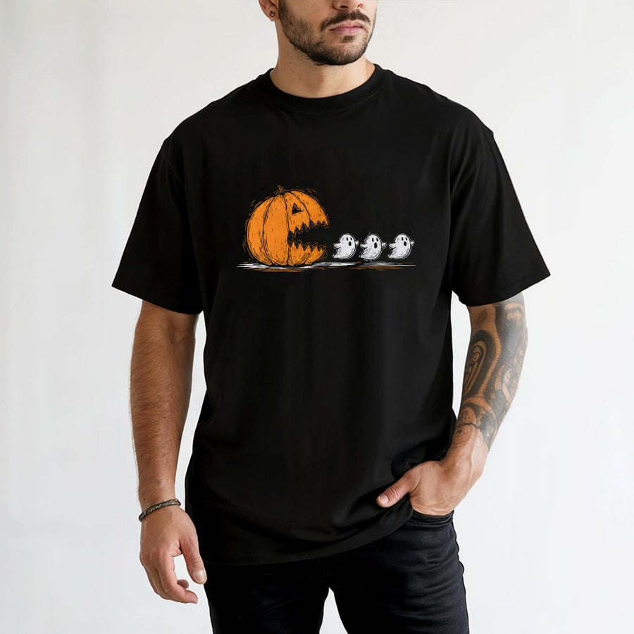 Funny Halloween Pumpkin T-Shirt | Chasing Ghost Graphic Art | Premium 100% Cotton Tee | Spooky Seasonal Gift for Adults