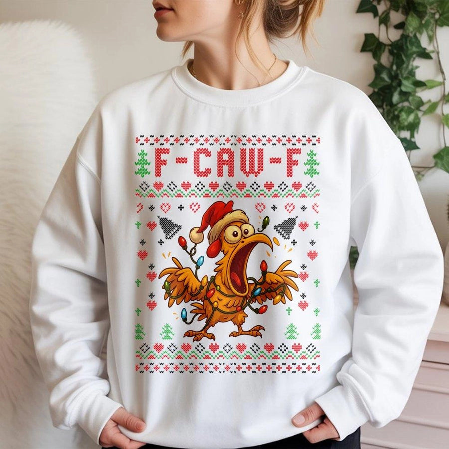 F-Caw-F Funny Chicken Christmas Sweatshirt | Ugly Holiday Poultry Design | Premium Cotton Blend | Gift For Poultry Farmers & Chicken Lovers