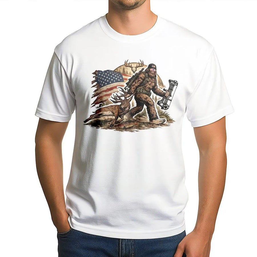 Bigfoot Hunting T-Shirt | Patriotic Sasquatch USA Flag Graphic | Premium Cotton Blend | Gift for Hunter and Outdoorsman