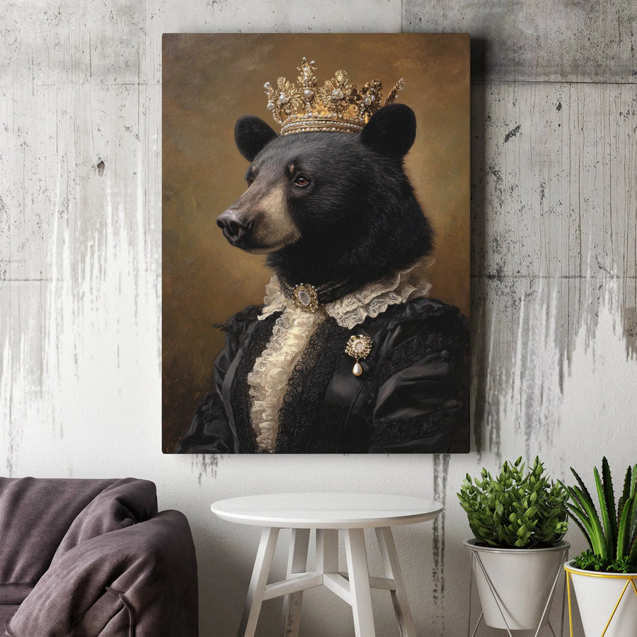 Royal Bear Portrait Canvas | Crowned Bear in Victorian Dress | Premium 1.25" Gallery Canvas | Unique Maximalist Home Decor Gift