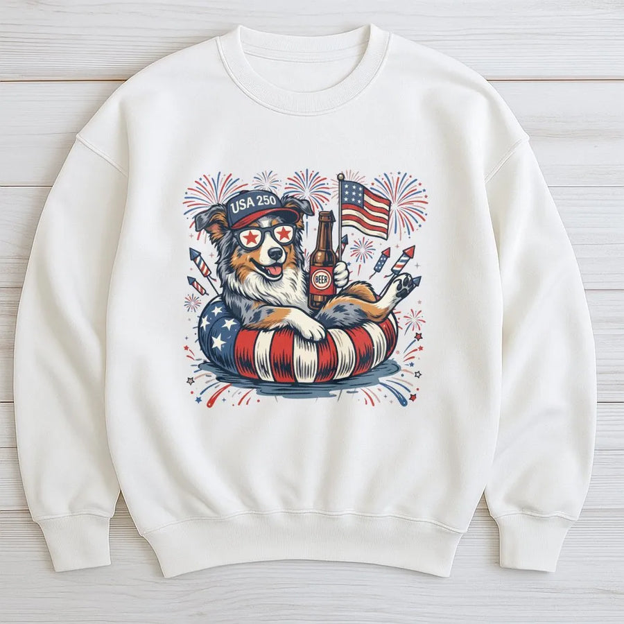 Patriotic Dog Sweatshirt | Funny USA 250 Aussie with American Flag | Premium Cotton-Blend Sweatshirt | Gift for Dog Lovers 4th of July