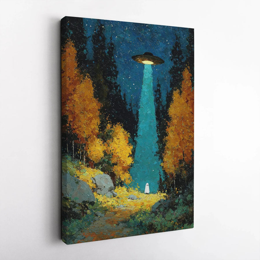 UFO Abduction Ghost Canvas Print | Spooky Forest Landscape Art | Premium Gallery Wrapped Decor | Unique Halloween Wall Art Gift