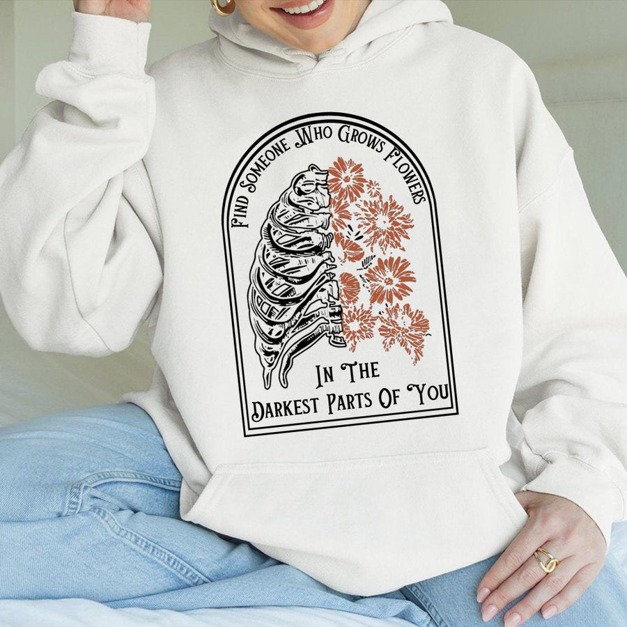 Find Someone Who Grows Flowers Hoodie | Anatomical Ribcage Floral Graphic | Premium Cotton Blend | Inspirational Aesthetic Gift for Women