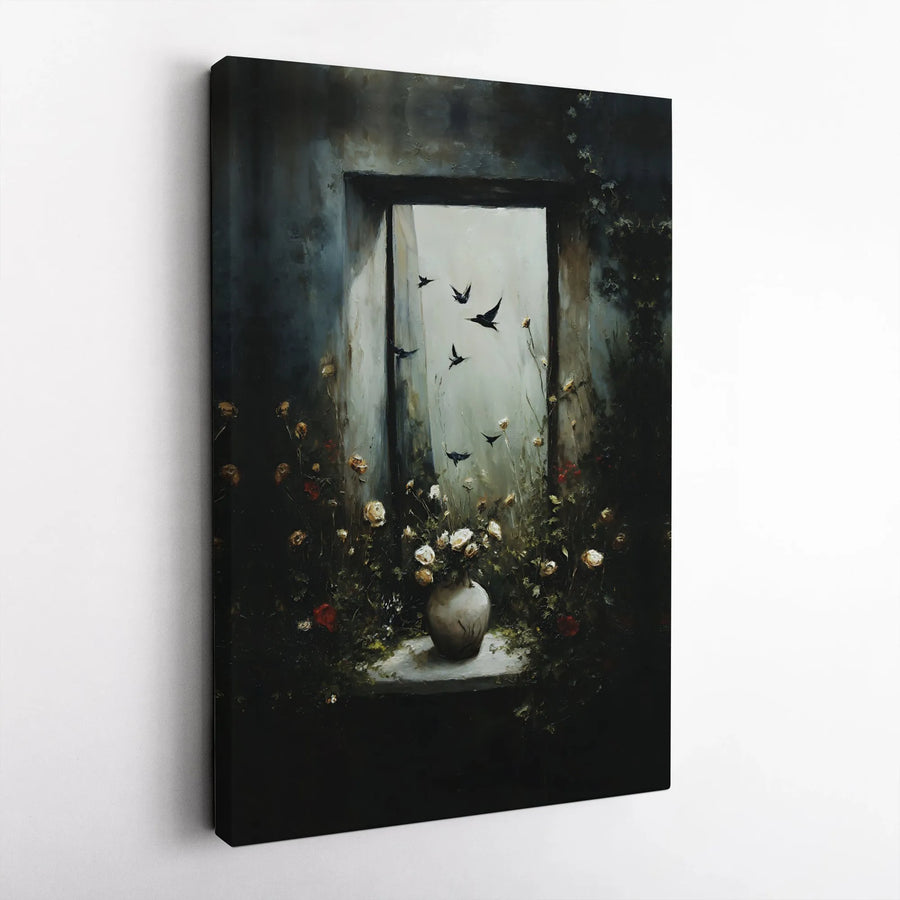 Moody Floral Canvas Print | Vintage Still Life with Birds in Window | Premium Gallery Wrapped Canvas | Dark Academia Wall Decor Gift
