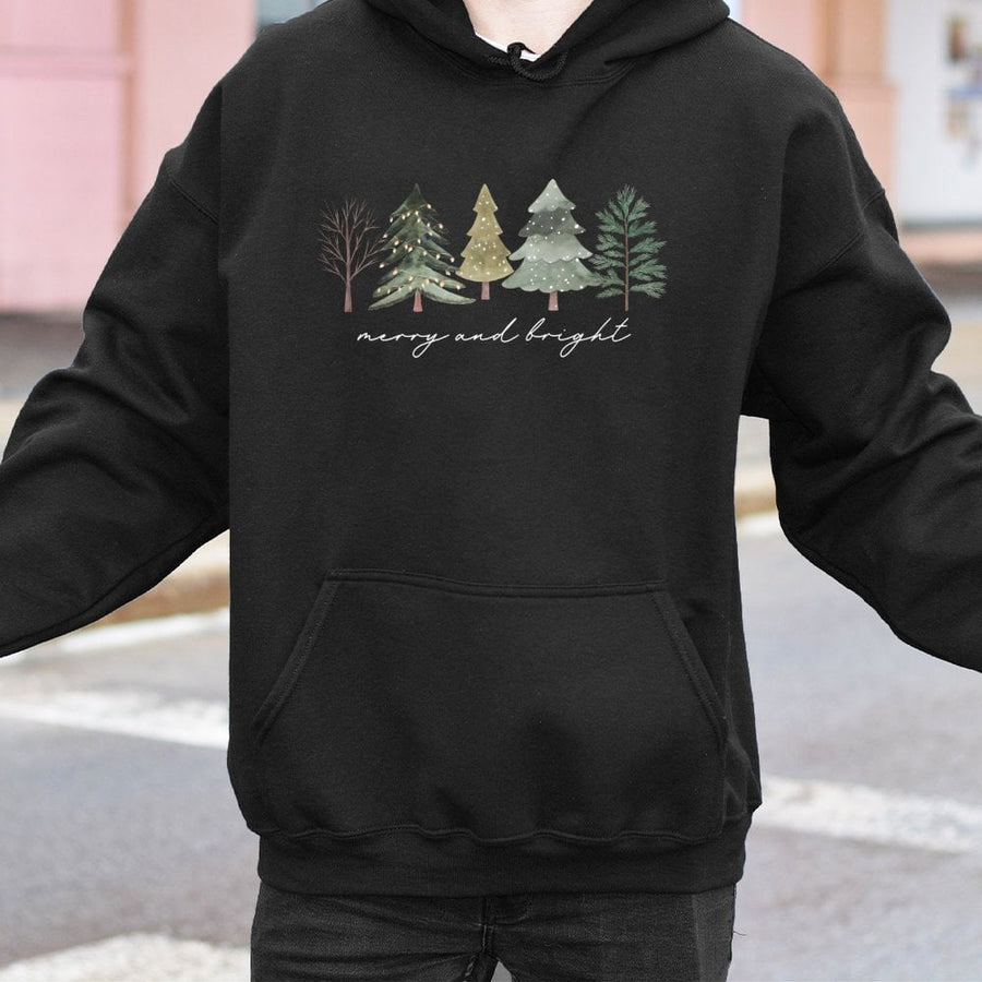 Merry and Bright Christmas Tree Hoodie | Minimalist Watercolor Holiday Graphic | Premium Cotton Blend | Cozy Gift for Her and Him