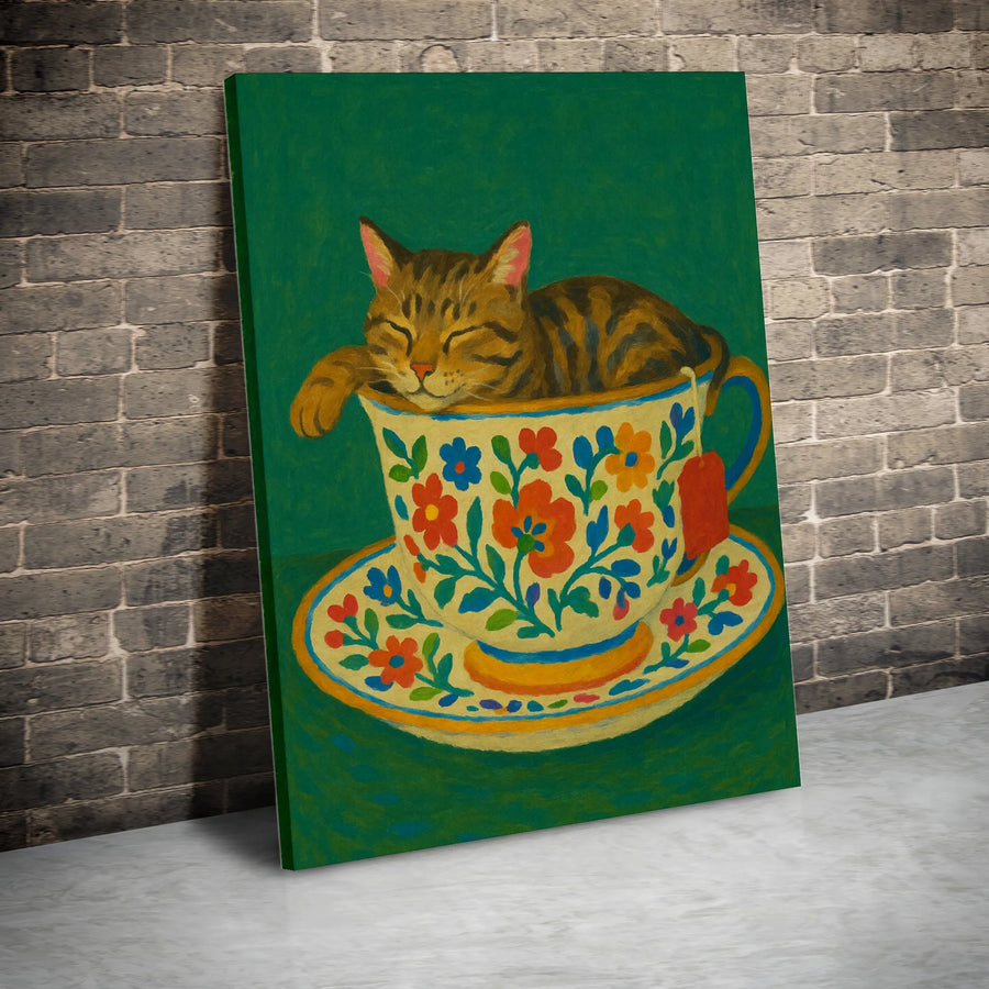 Sleeping Tabby Cat In A Floral Teacup Canvas | Whimsical Pet Wall Art | Premium Gallery Wrapped Print | Cute Animal Lover Home Decor Gift