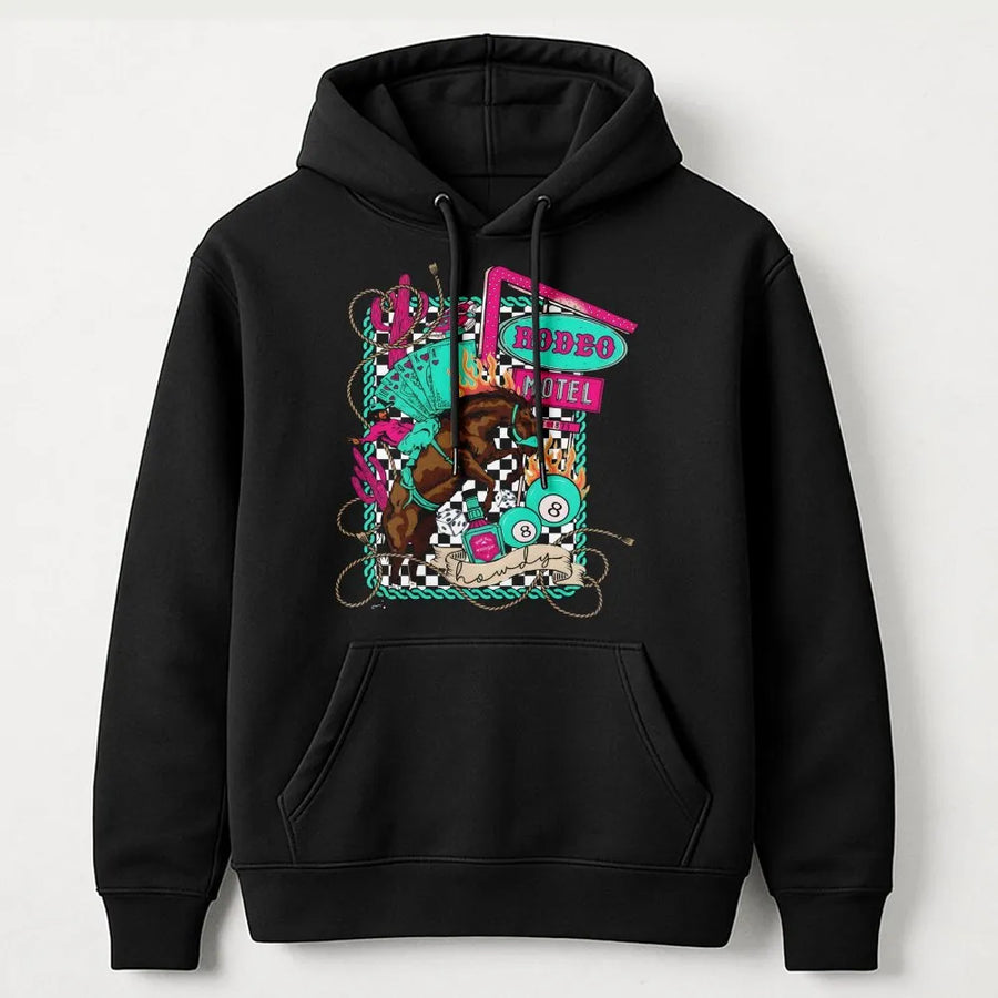 Rodeo Motel Western Hoodie | Neon Wild West Cowgirl Graphic | Premium Cotton Blend | Retro Country Aesthetic Gift For Her