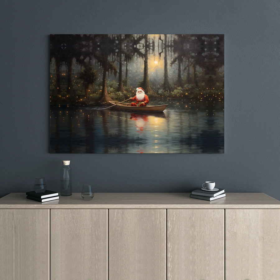 Santa Claus Swamp Boat Canvas Print | Mystical Bayou Christmas Decor | Gallery-Wrapped Premium Art | Unique Holiday Gift for Cabin Lovers