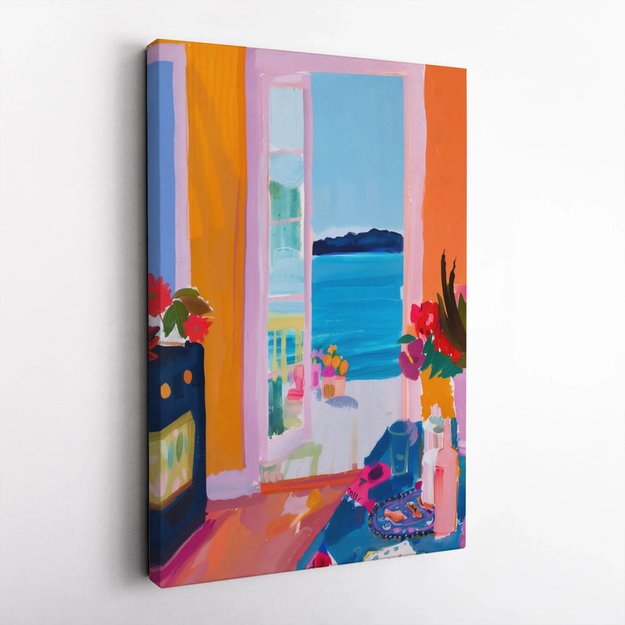 Abstract Coastal Window Canvas Print | Vibrant Fauvist Style Seascape Painting | Premium Gallery Wrapped Canvas | Modern Bohemian Living Room Decor Gift