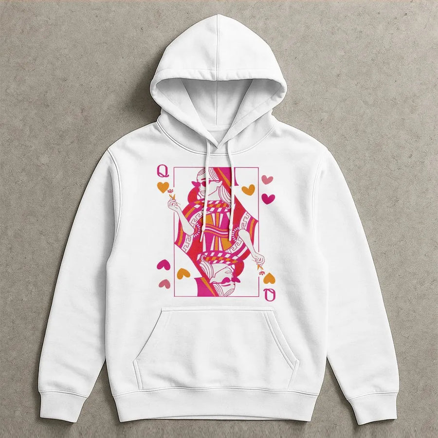 Queen of Hearts Playing Card Hoodie | Aesthetic Retro Graphic Print | Premium Soft Cotton Blend | Trendy Valentine Gift for Women