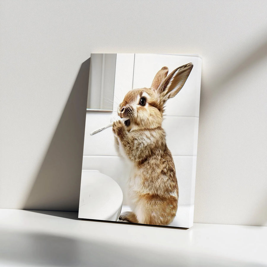 Rabbit Brushing Teeth Vertical Canvas | Funny Bathroom Decor | Premium High-Resolution Print | Kids Wall Art & Nursery Gift