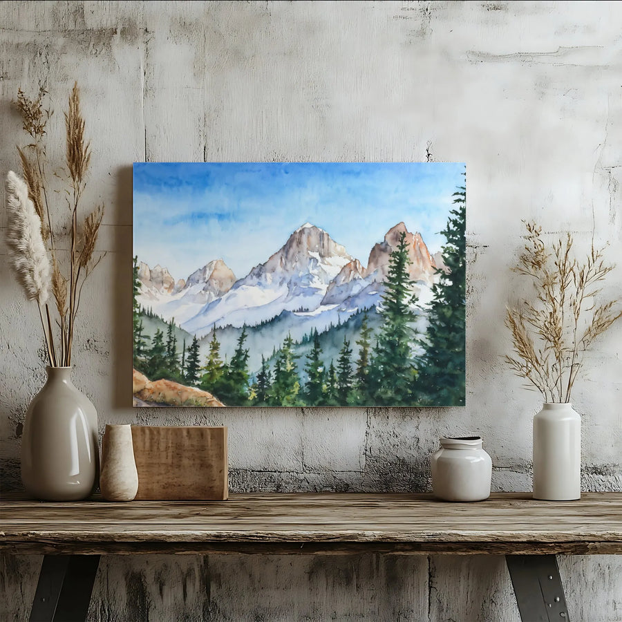 Mountain Landscape Canvas Print | Watercolor Snow-Capped Pine Forest | Premium Fade-Resistant Wall Art | Rustic Nature Home Decor Gift