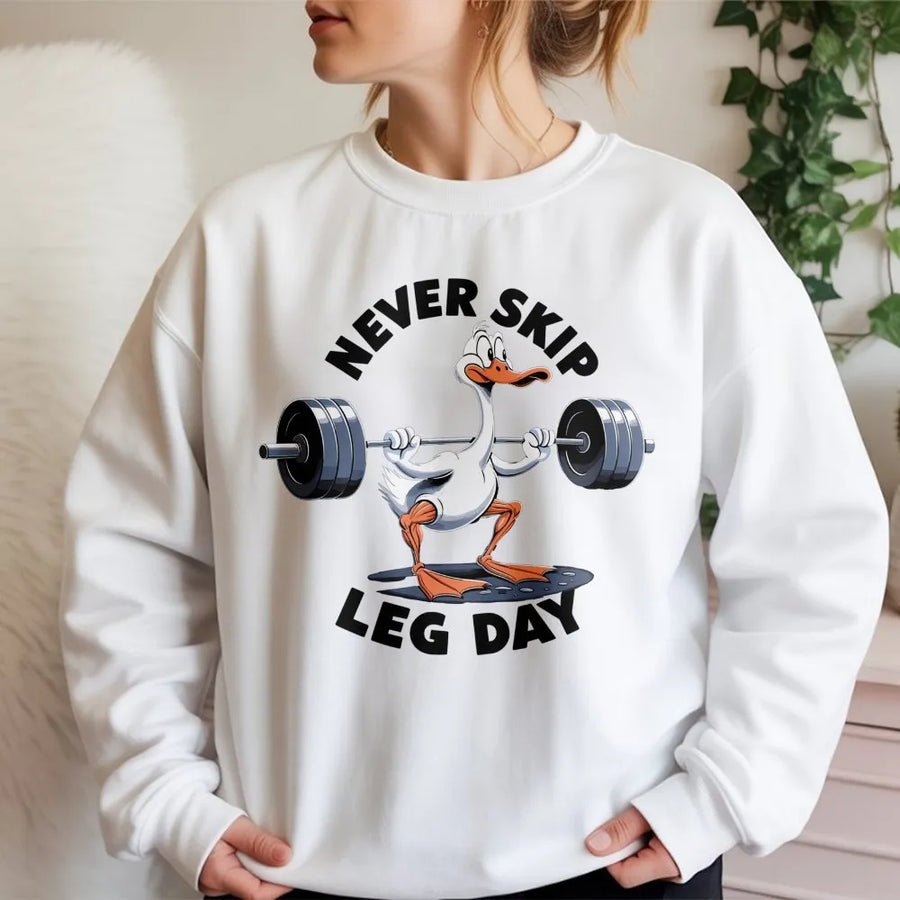 Never Skip Leg Day Sweatshirt | Funny Weightlifting Goose Graphic | Premium Cotton Blend Crewneck | Gym Motivation Gift for Men and Women
