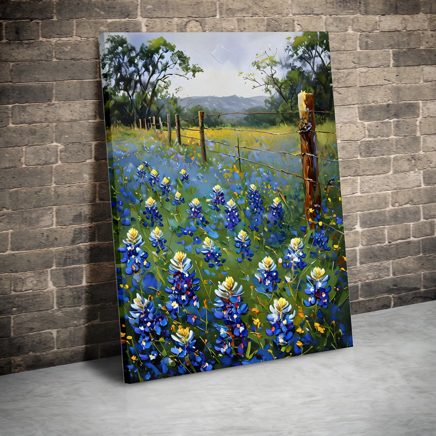 Texas Bluebonnet Field Wall Art | Impressionist Wildflower Landscape | Premium Gallery-Wrapped Canvas | Rustic Country Home Decor Gift