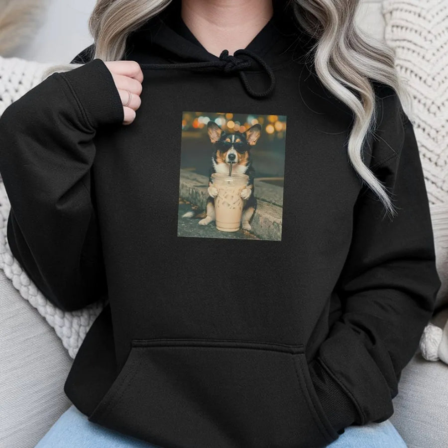 Funny Corgi Hoodie | Corgi with Sunglasses Drinking Coffee | Soft Cotton Polyester Blend | Gift for Dog Mom & Corgi Lover