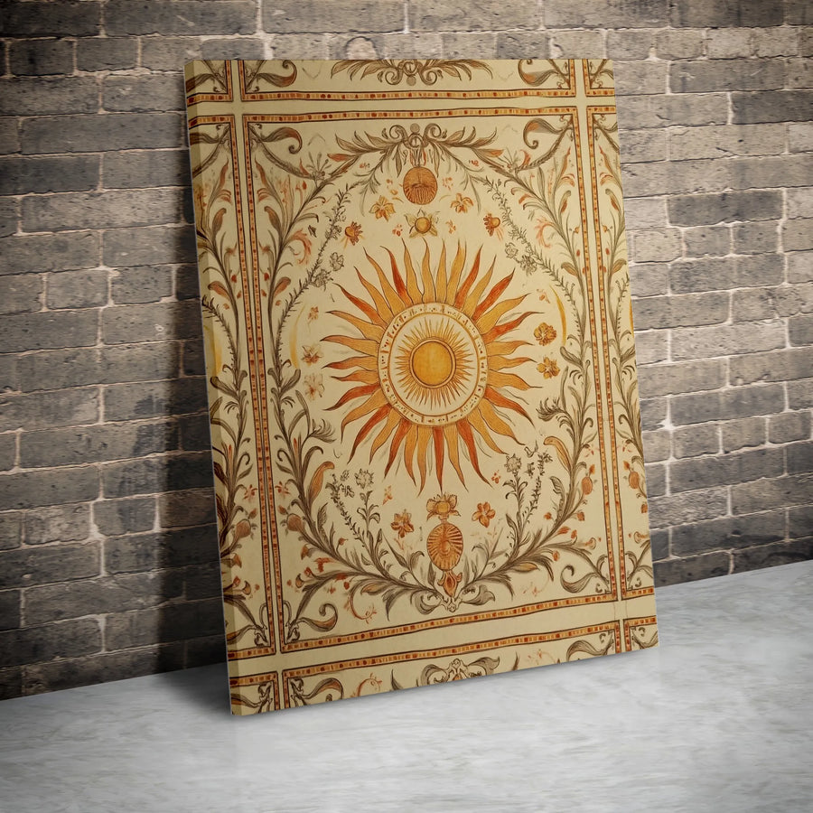 Vintage Sun Wall Art Canvas Print | Celestial Sun with Antique Botanical Border | Premium High-Resolution Print | Collector's Gift for Home Decor